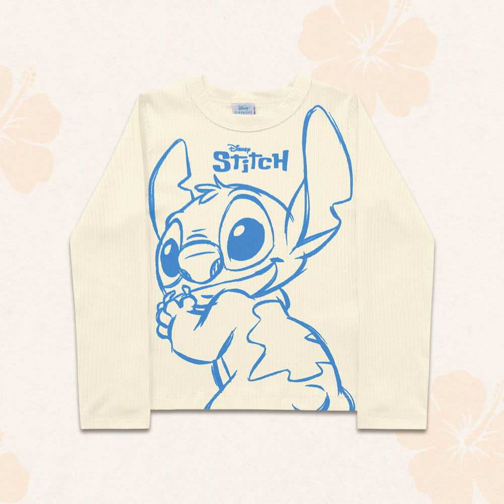 Camiseta Manga Longa Canelada Marfim Estampada Lilo e Stitch Fakini - Feminina