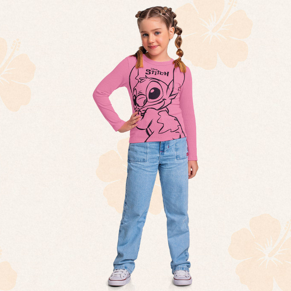 Camiseta Manga Longa Canelada Rosa Estampada Lilo e Stitch Fakini – Feminina